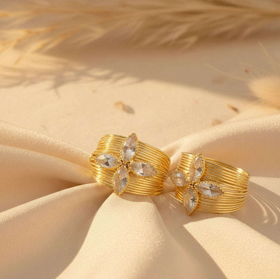 Gilded Crystal Petal Wire Rings