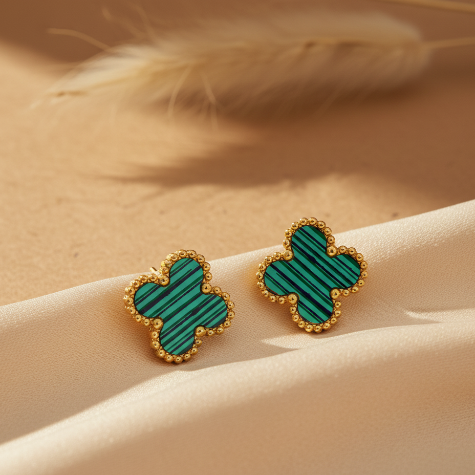 Gilded Malachite Clover Studs