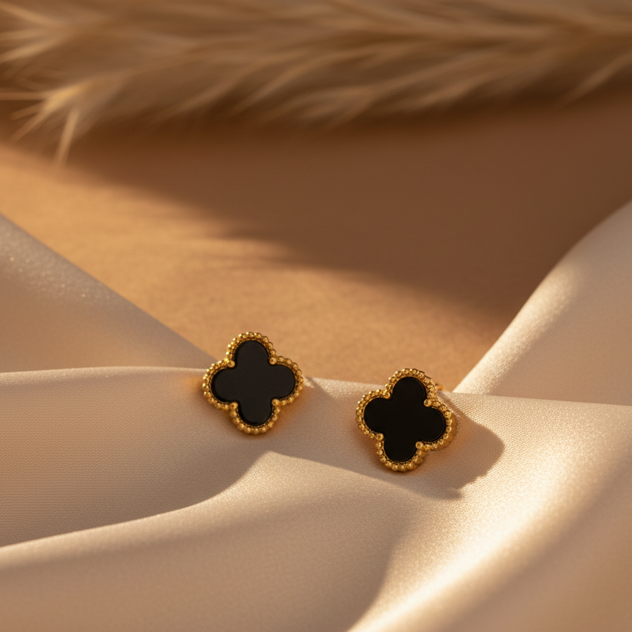 Gilded Onyx Clover Studs