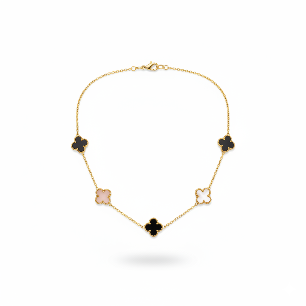 Gilded Onyx & Pearl Clover Station Necklace
