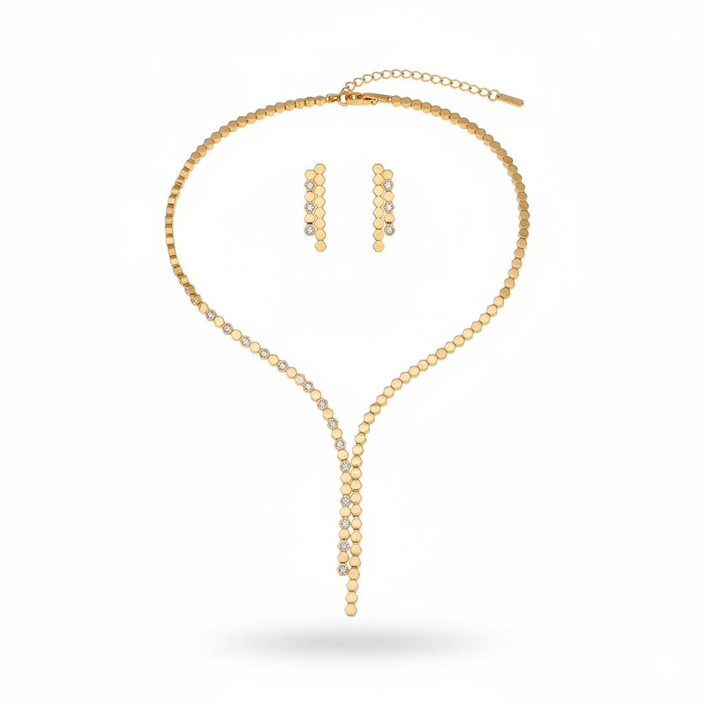 Gilded Hexagon Honeycomb Y-Necklace & Earring Set