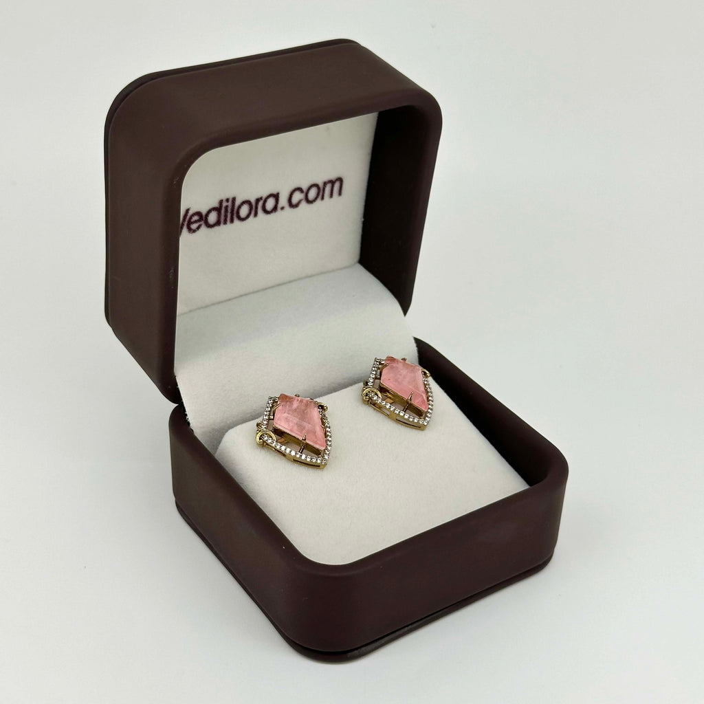Blush Pink Gemstone Stud Earrings in Gold with Diamond Halo