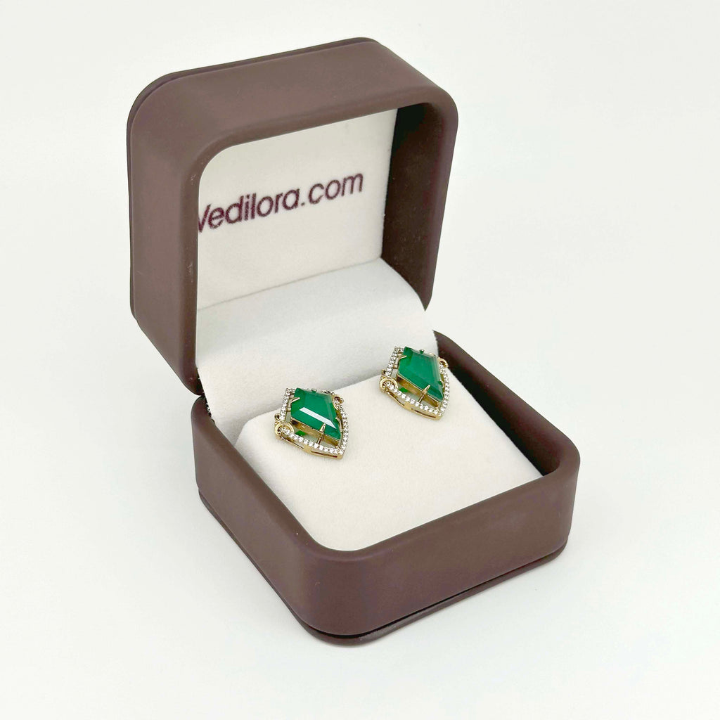 Emerald Green Statement Stud Earrings – Gold & Crystal Finish