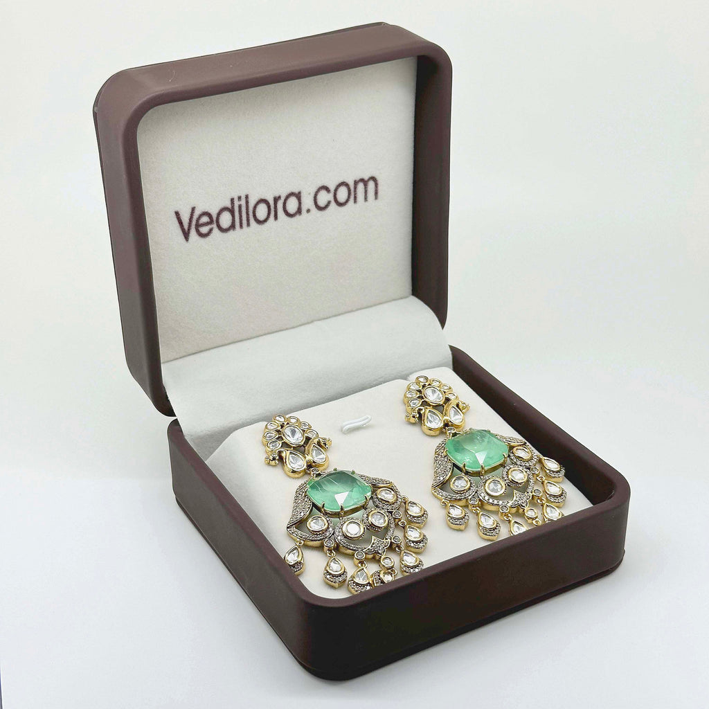Mint Green Statement Chandelier Earrings – Gold-Tone Crystal & Stone Earrings