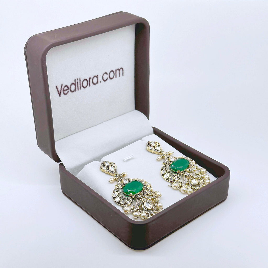 Emerald Green Kundan-Inspired Pearl Drop Earrings