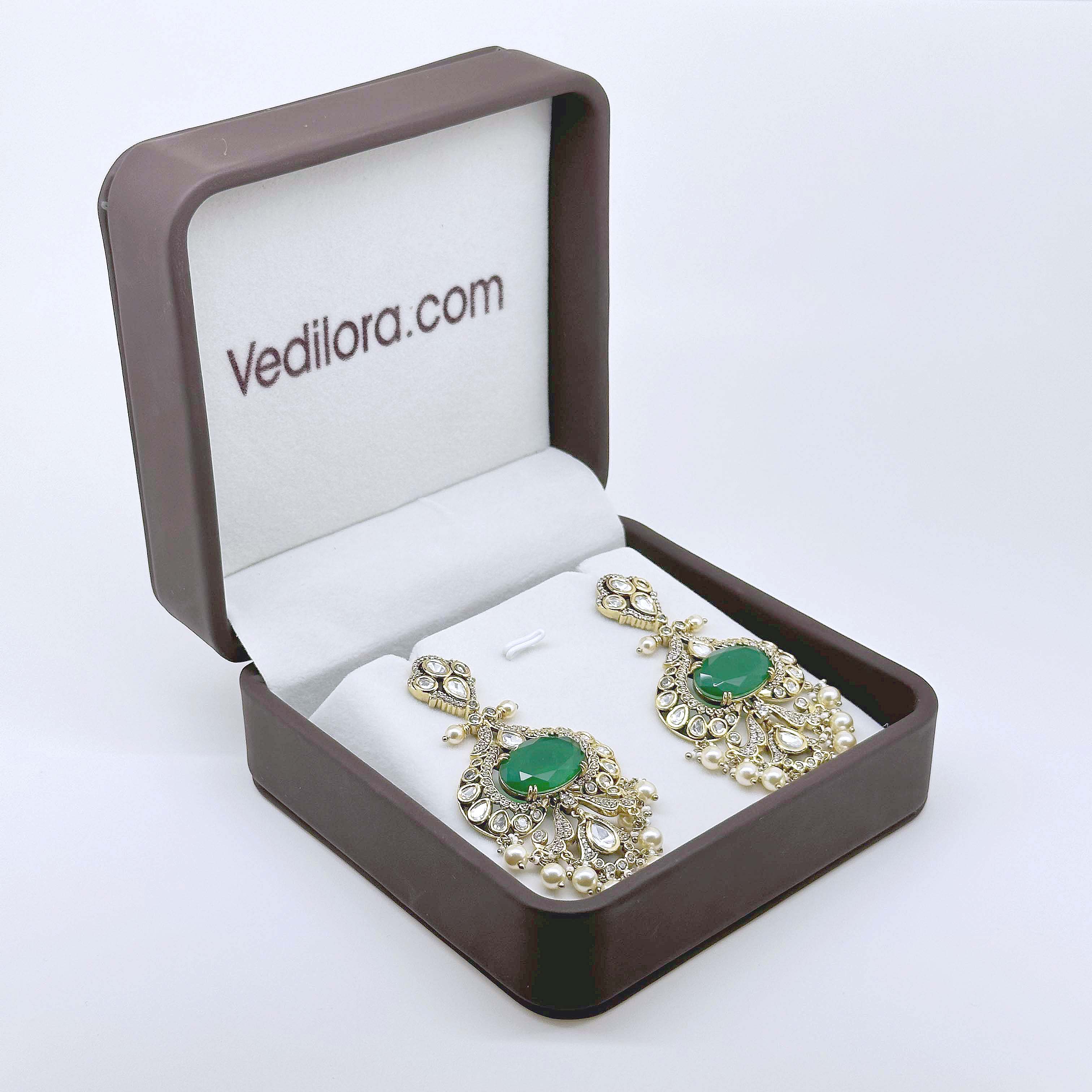 Emerald Green Kundan-Inspired Pearl Drop Earrings
