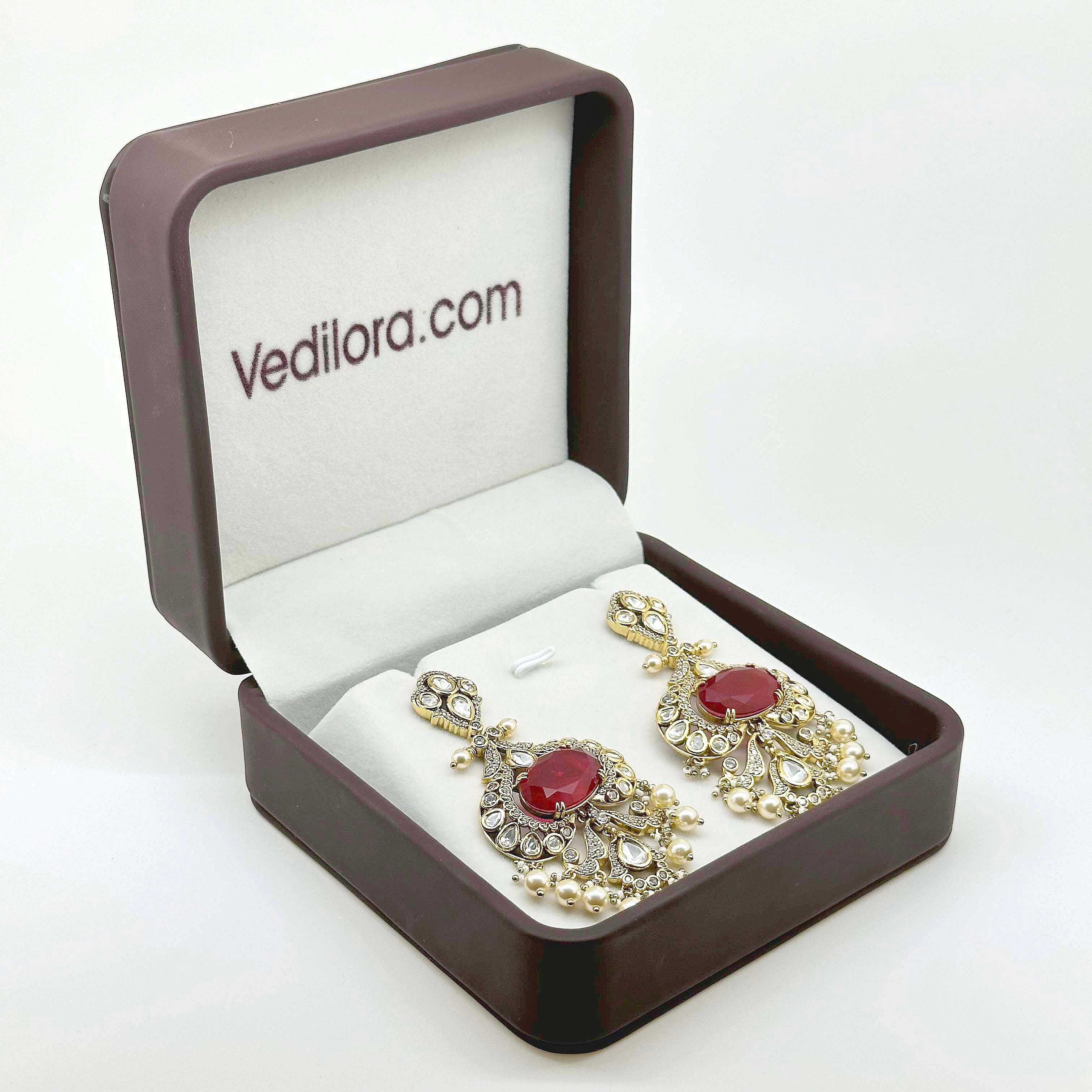 Ruby Red Kundan Chandelier Earrings – Gold-Tone Pearl & Crystal Statement Earrings