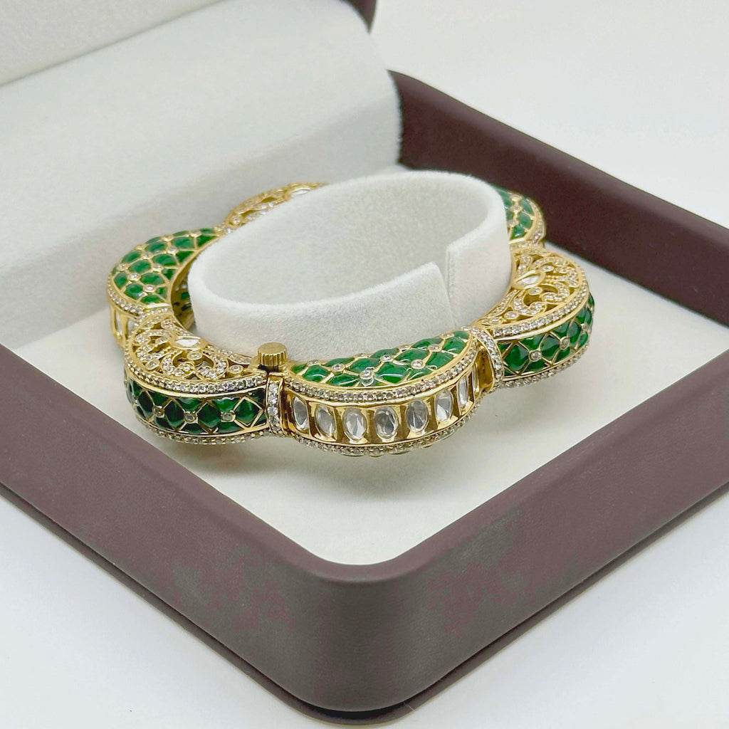 Luxury Emerald Green Kundan Polki Kada Bracelet for Women