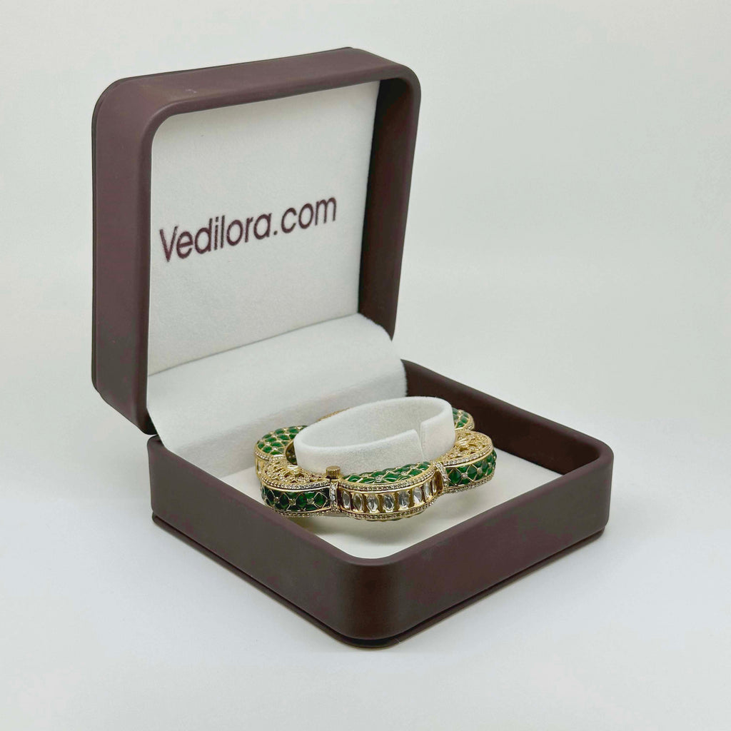 Luxury Emerald Green Kundan Polki Kada Bracelet for Women