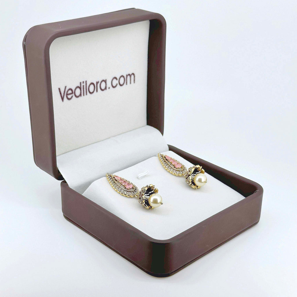 Elegant Pink Kundan-Inspired Pearl Jhumka Earrings