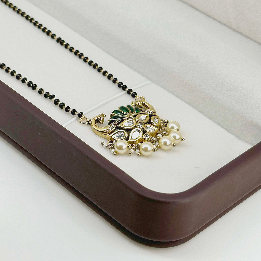 Elegant Green Lotus Pearl Mangalsutra – Gold-Finish Statement Pendant