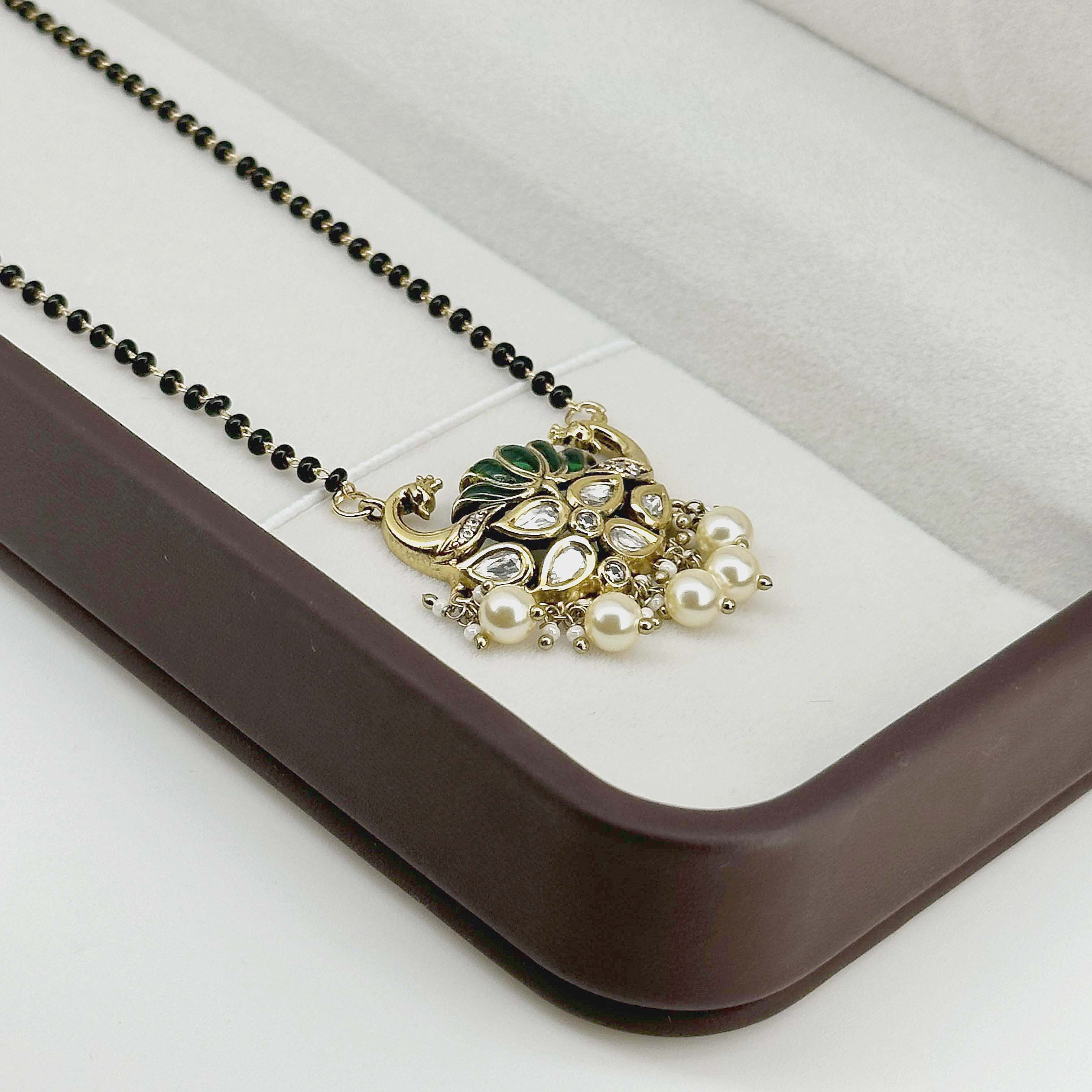 Elegant Green Lotus Pearl Mangalsutra – Gold-Finish Statement Pendant