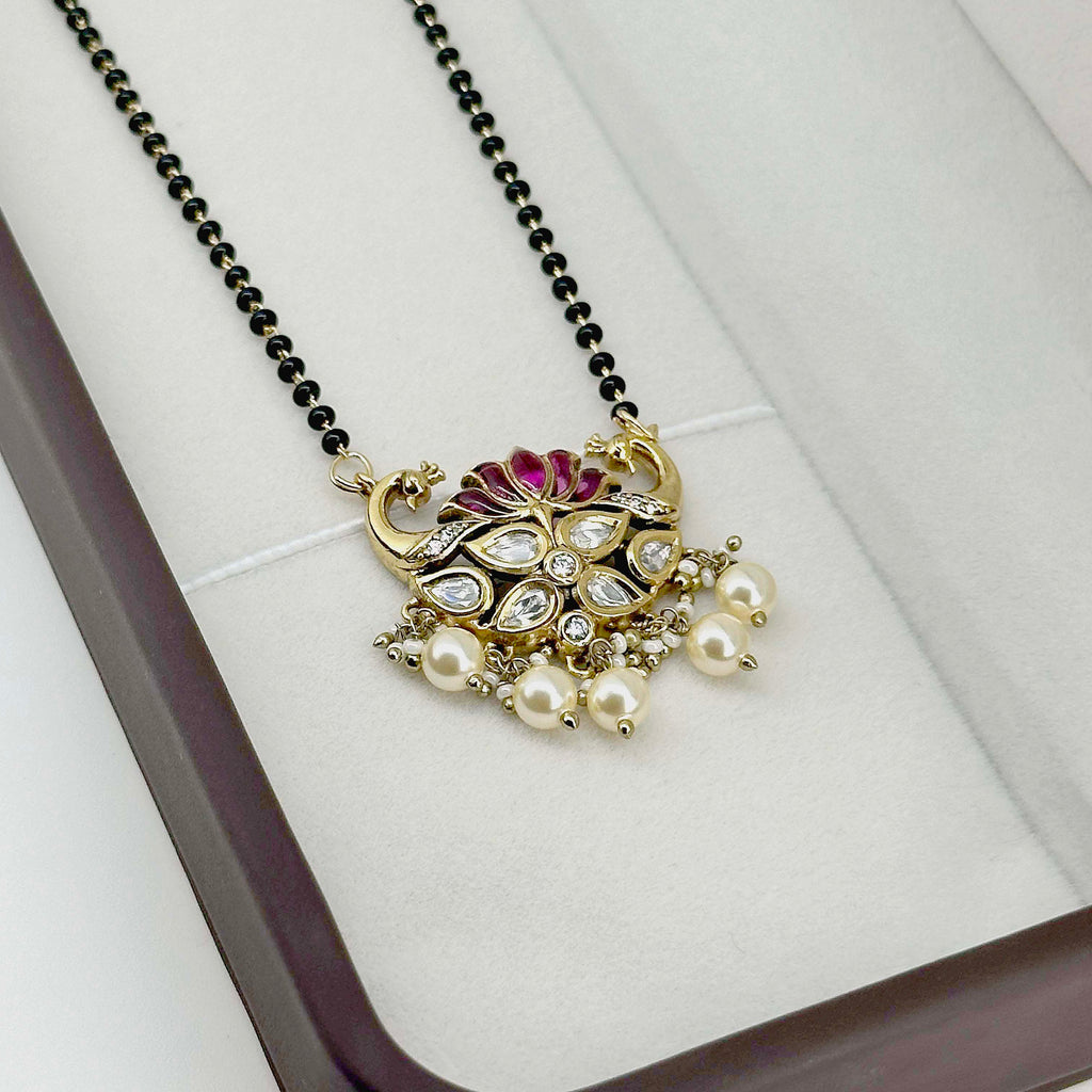 Ruby Lotus Pearl Mangalsutra – Gold-Finish Traditional Statement Necklace