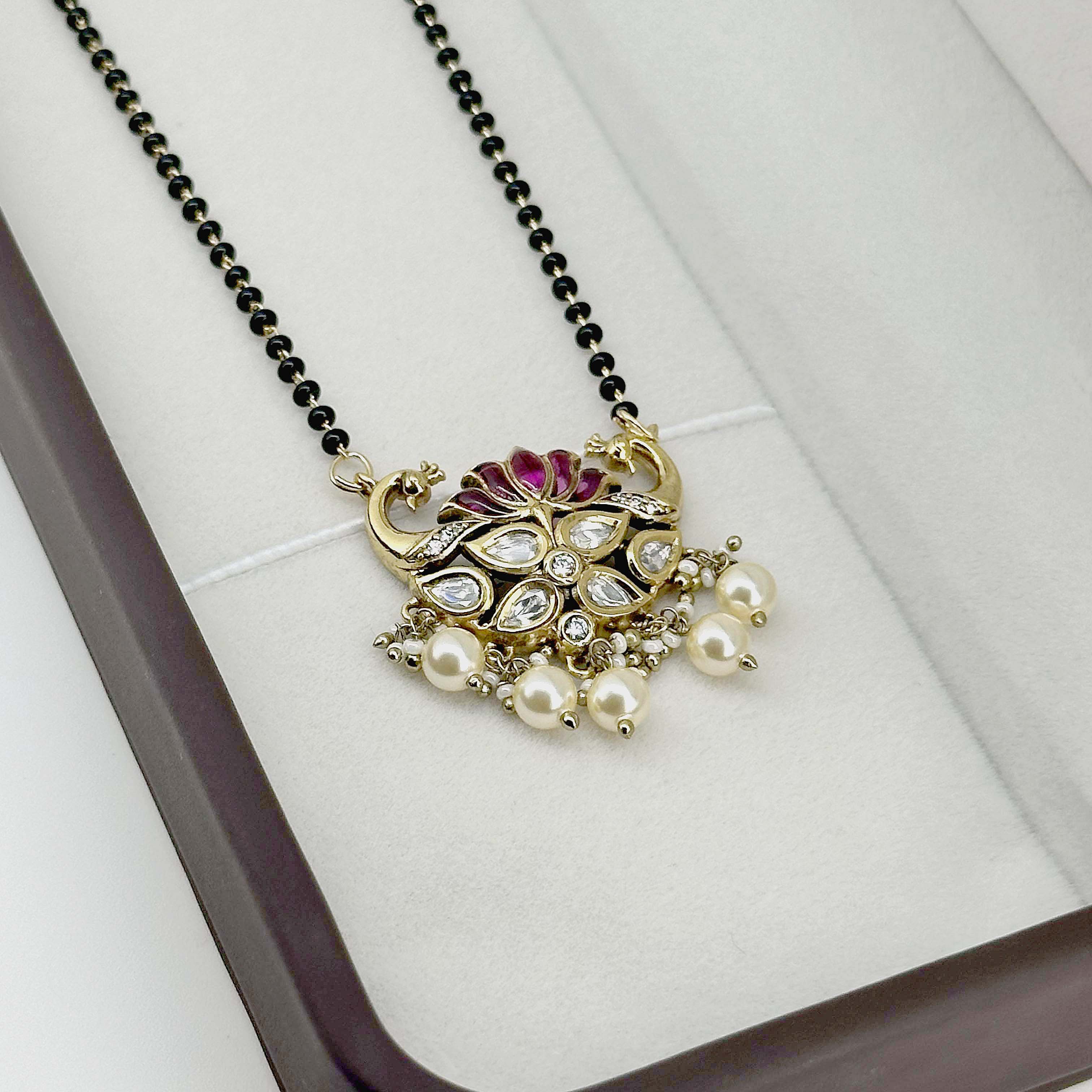 Ruby Lotus Pearl Mangalsutra – Gold-Finish Traditional Statement Necklace