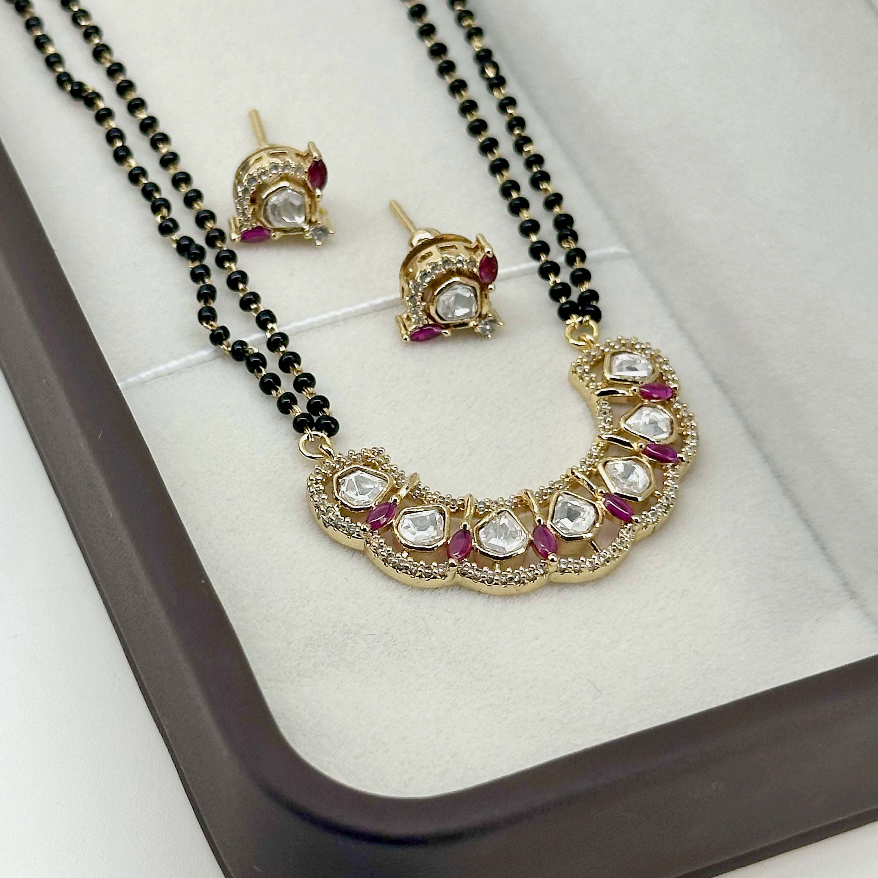 Ruby & Polki Inspired Gold-Plated Mangalsutra Necklace Set with Earrings