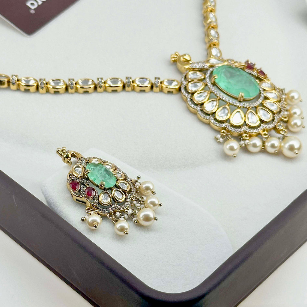 Royal Emerald Peacock Kundan Necklace Set with Earrings