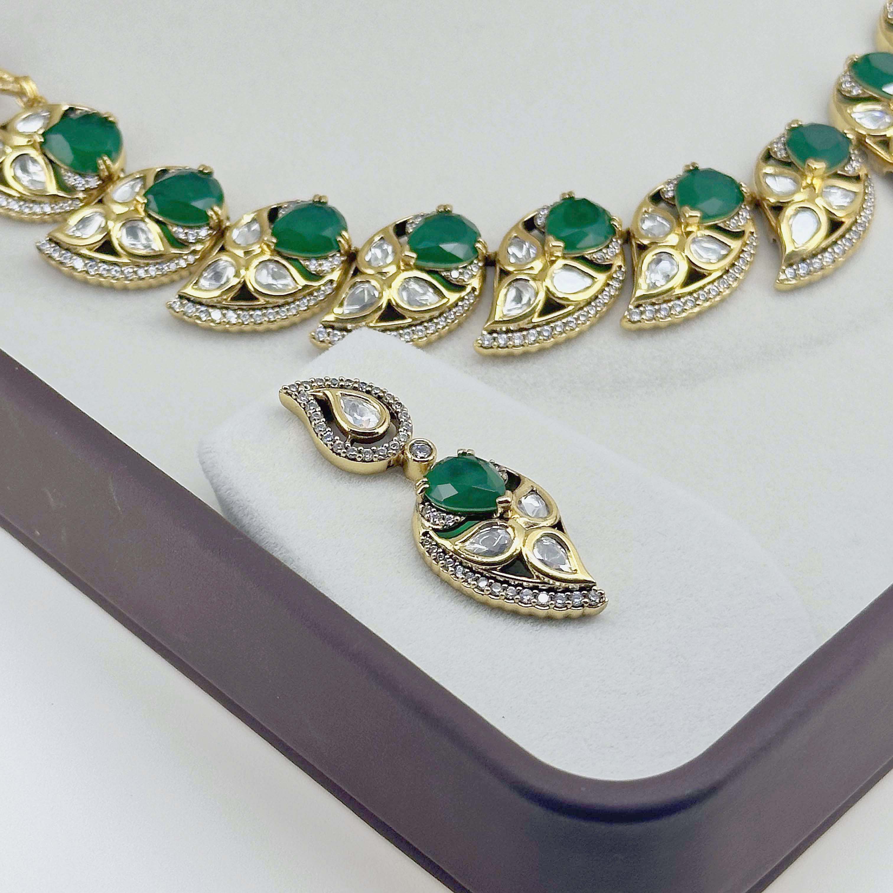 Emerald Green Kundan-Inspired Necklace & Earrings Set