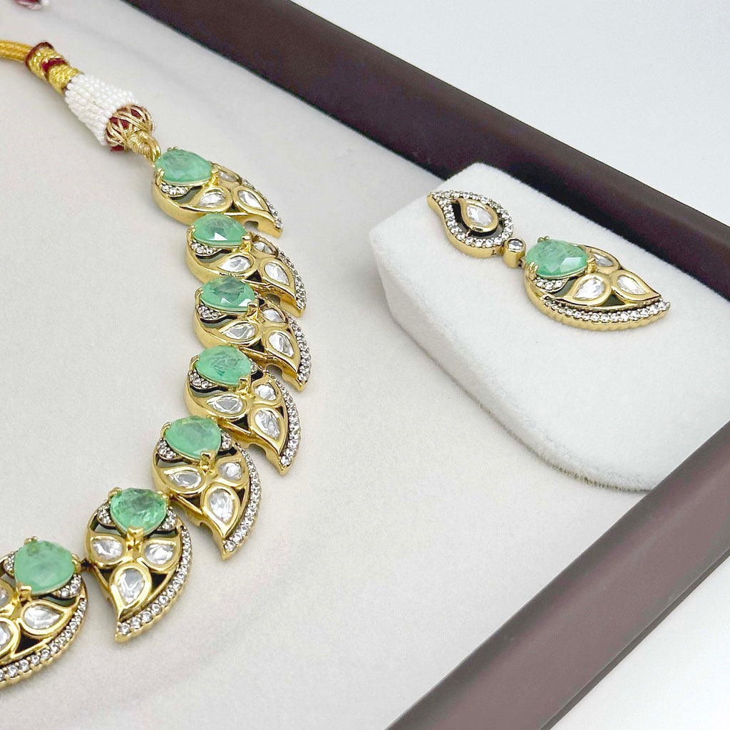 Mint Green Kundan-Inspired Necklace & Earrings Set