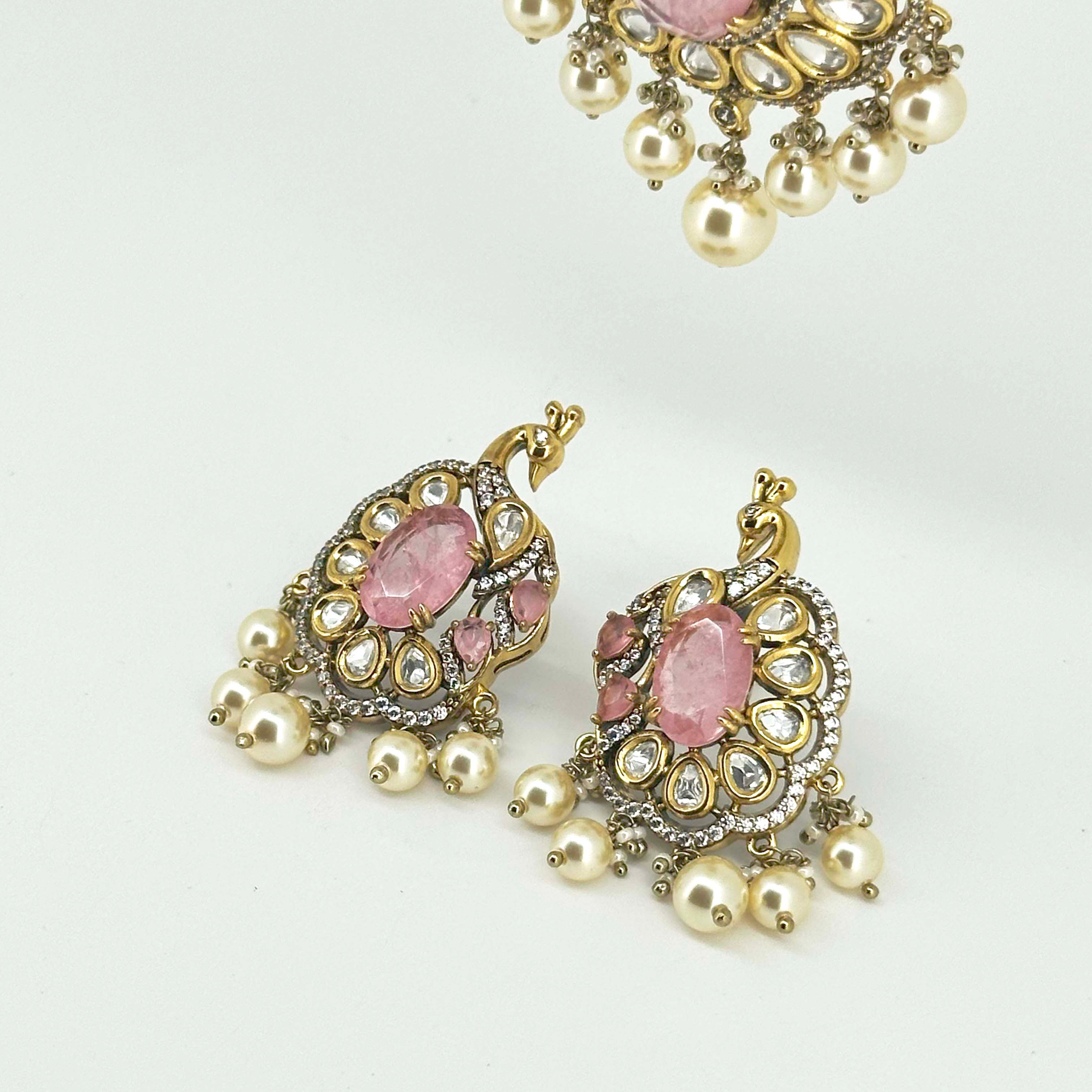 Royal Blush Pink Peacock Kundan Necklace Set with Earrings