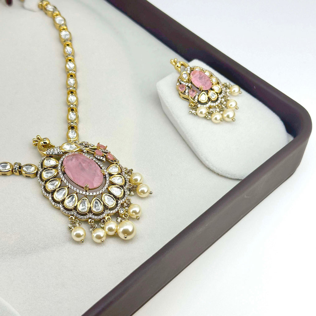 Royal Blush Pink Peacock Kundan Necklace Set with Earrings