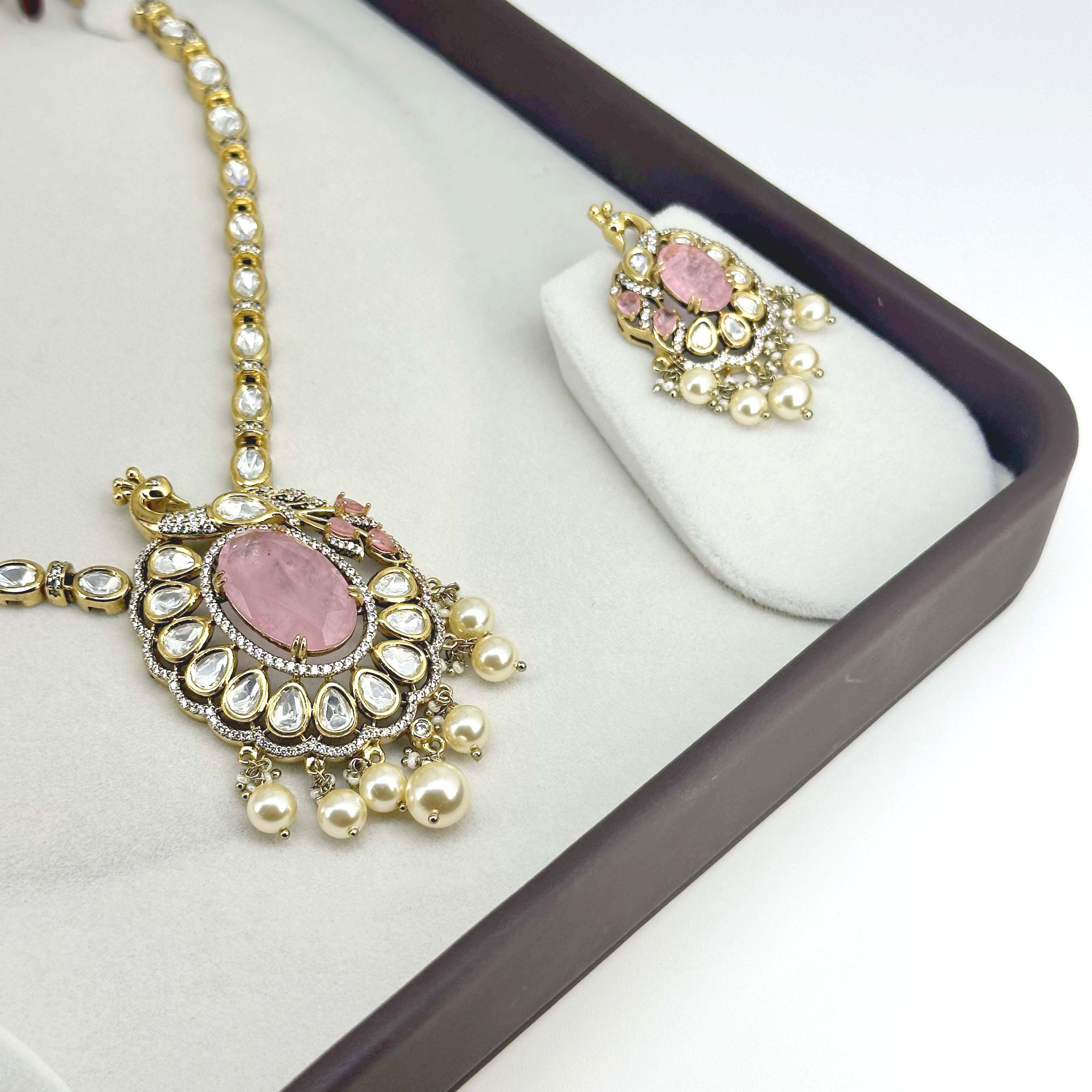 Royal Blush Pink Peacock Kundan Necklace Set with Earrings