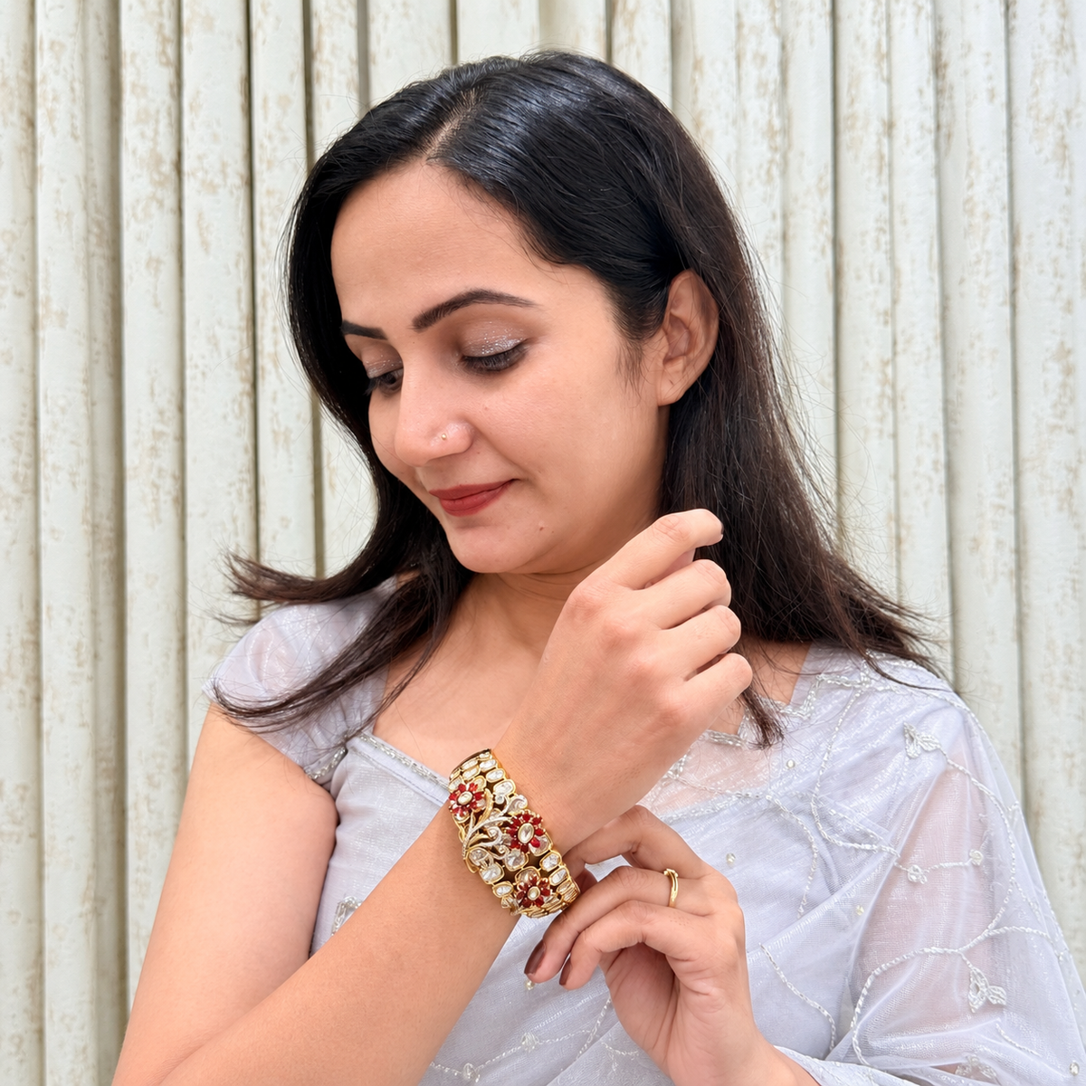 Ruby Red & White Stone Floral Statement Bracelet