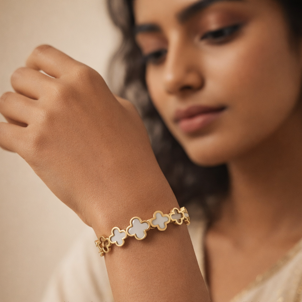The Clover Cascade Mother of Pearl Gold Bangle