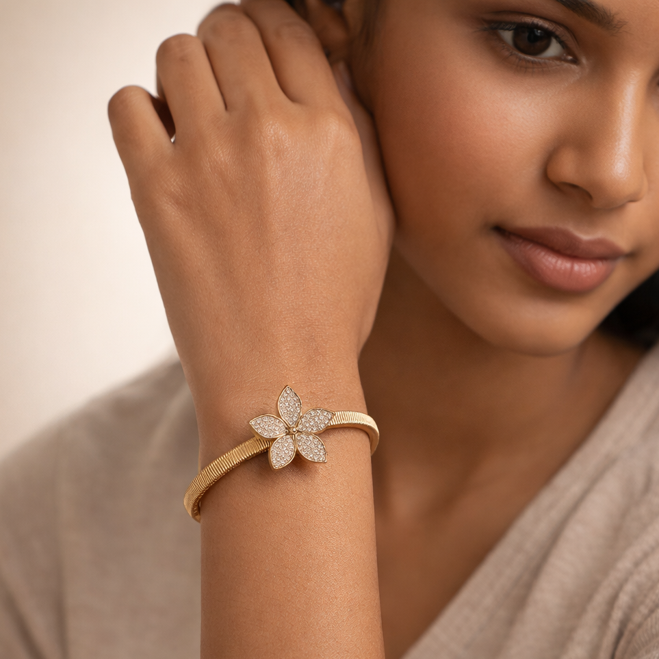 The Gilded Petal Diamond Encrusted Floral Bangle