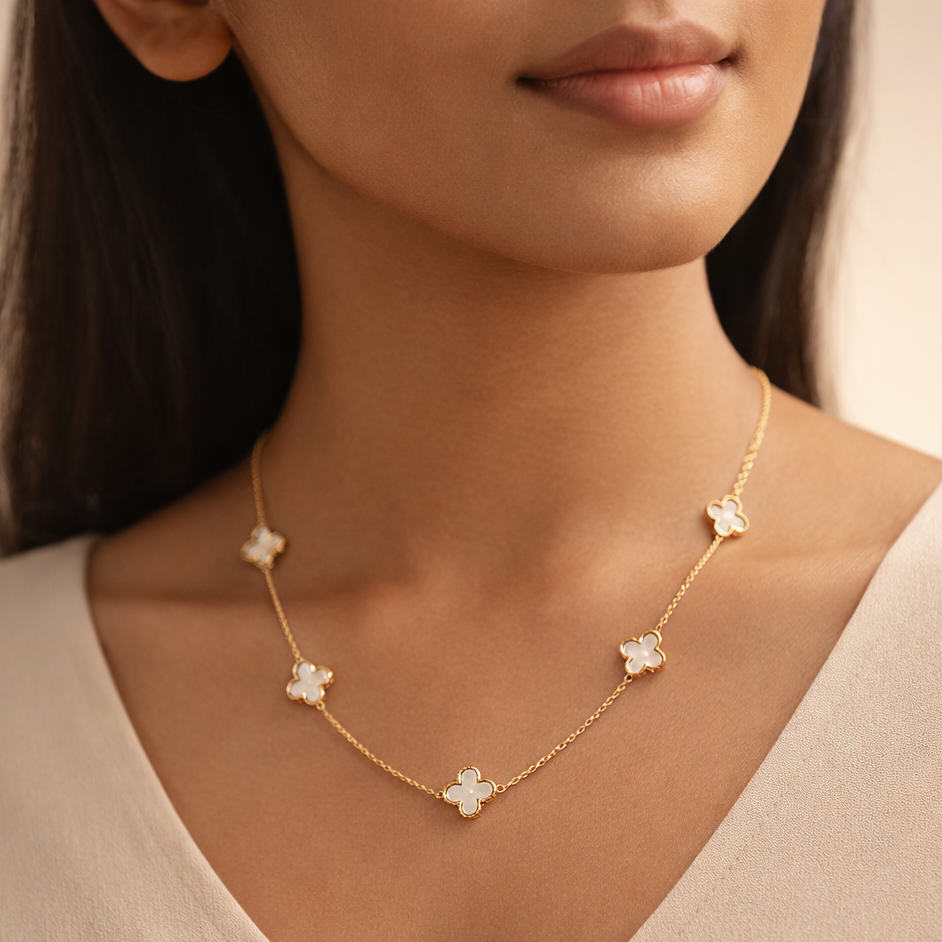 Gilded Pearl Clover Station Necklace