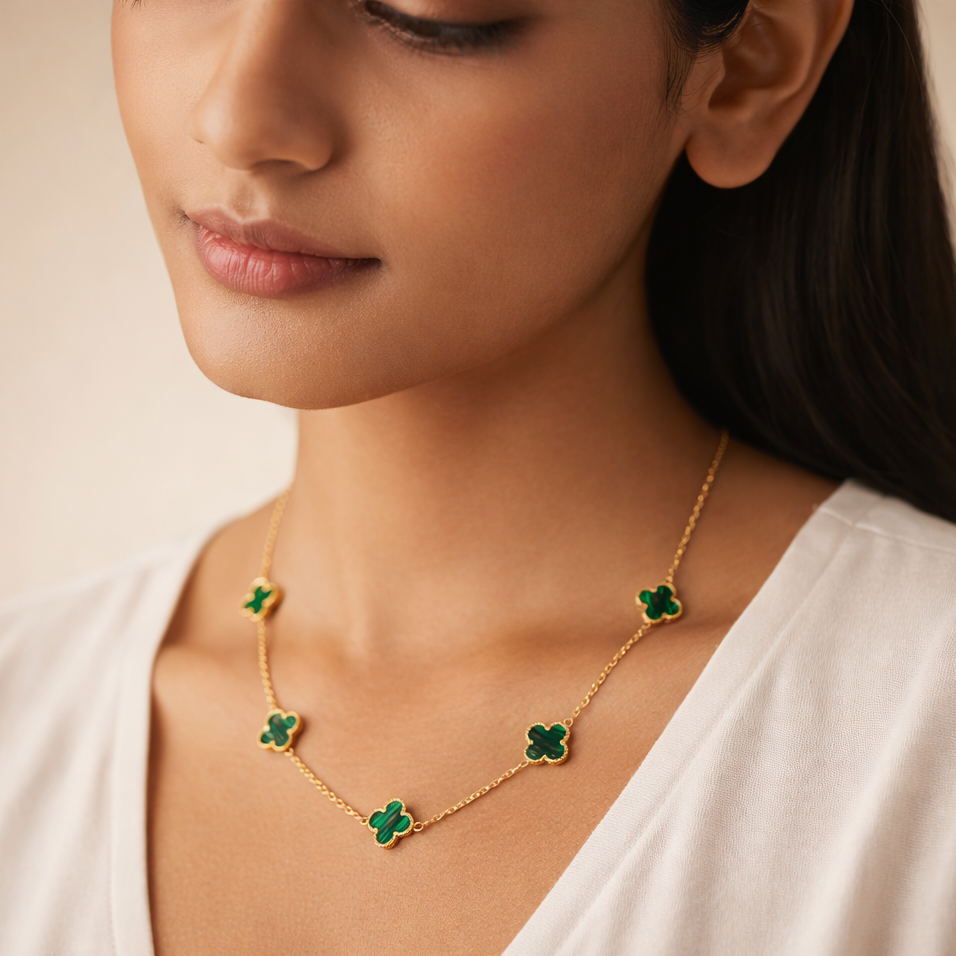 Gilded Malachite Clover Station Necklace