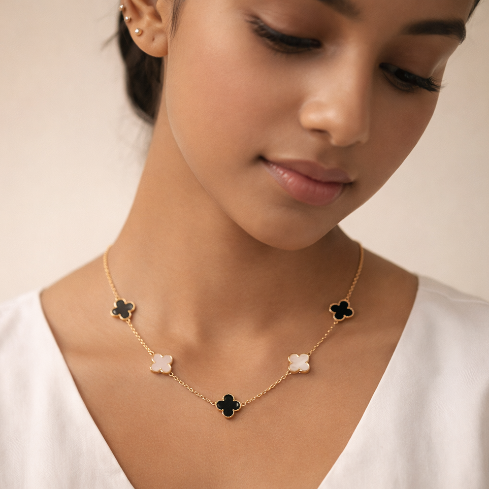 Gilded Onyx & Pearl Clover Station Necklace