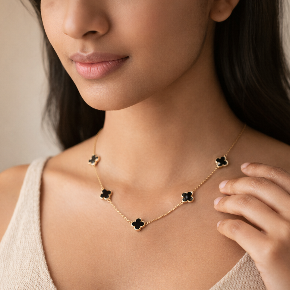 Gilded Onyx Clover Station Necklace