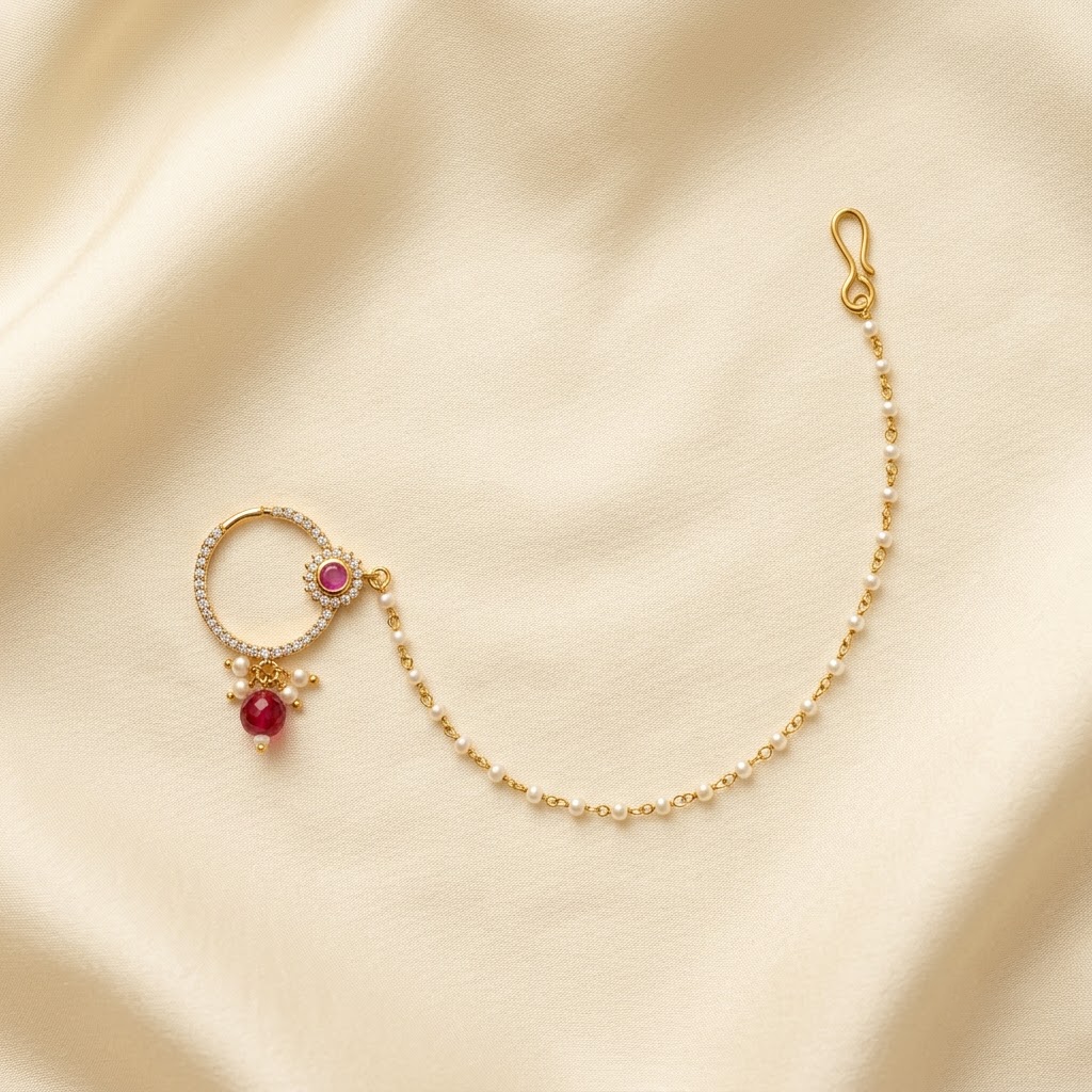pearl chain, red stone aur kundan-style detailing ke saath.