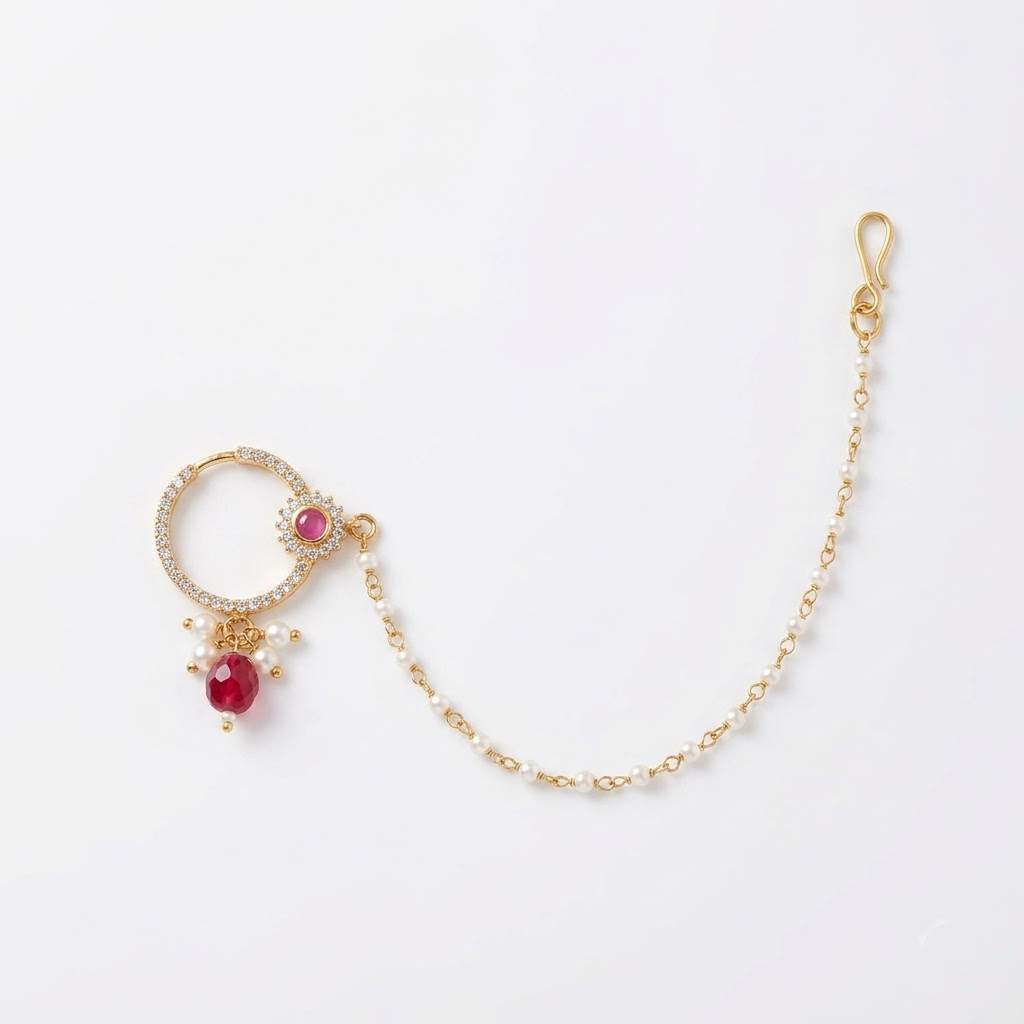 pearl chain, red stone aur kundan-style detailing ke saath.