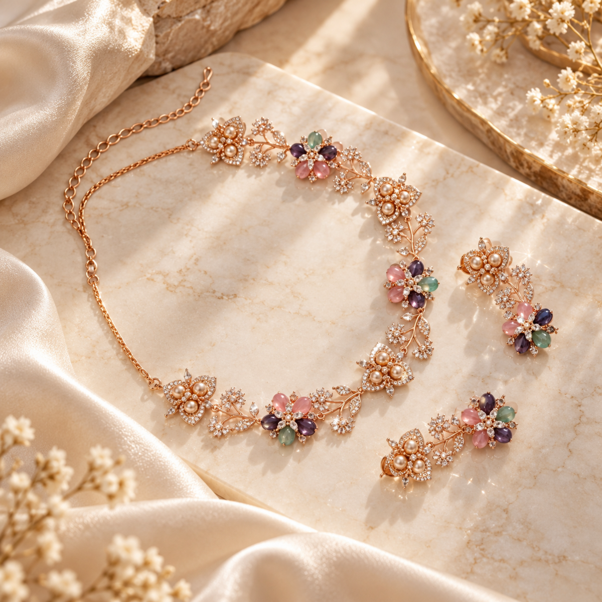 NL-33 pink lavender green floral Italian brass necklace earrings additional-lifestyle