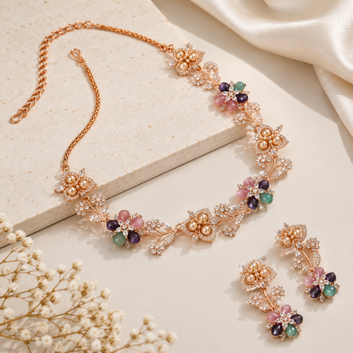 NL-33 pink lavender green floral Italian brass necklace earrings editorial