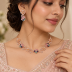 NL-33 pink lavender green floral Italian brass necklace earrings model