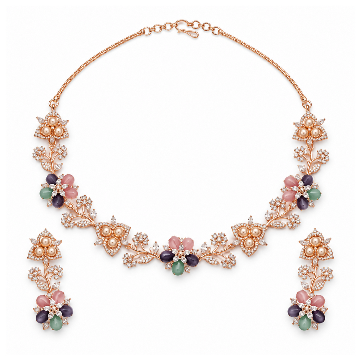 NL-33 pink lavender green floral Italian brass necklace earrings white