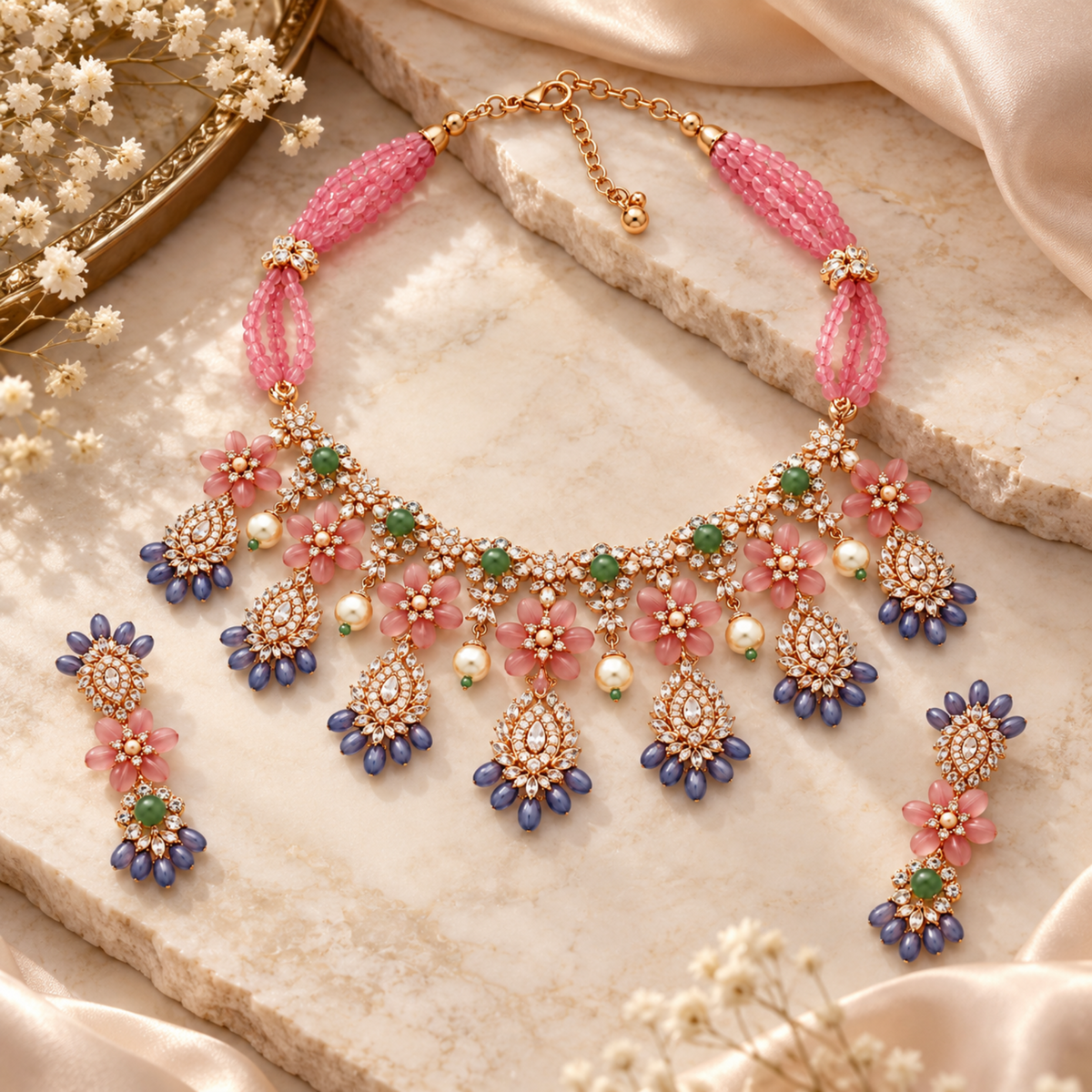 NL-37 mauve blush Italian brass floral jewellery set additional-lifestyle