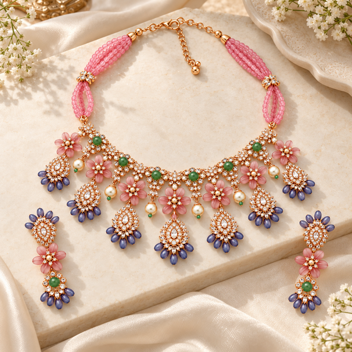 NL-37 mauve blush Italian brass floral jewellery set lifestyle