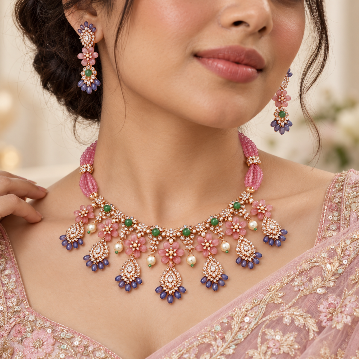 NL-37 mauve blush Italian brass floral jewellery set model