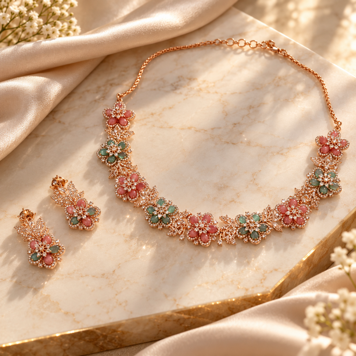 NL-39 floral pink and green Italian brass jewellery set additional-lifestyle