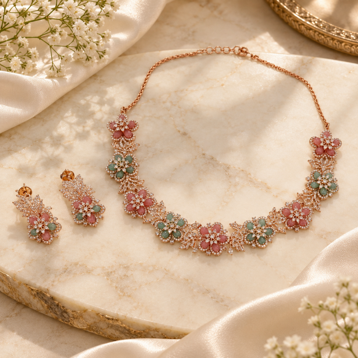 NL-39 floral pink and green Italian brass jewellery set lifestyle