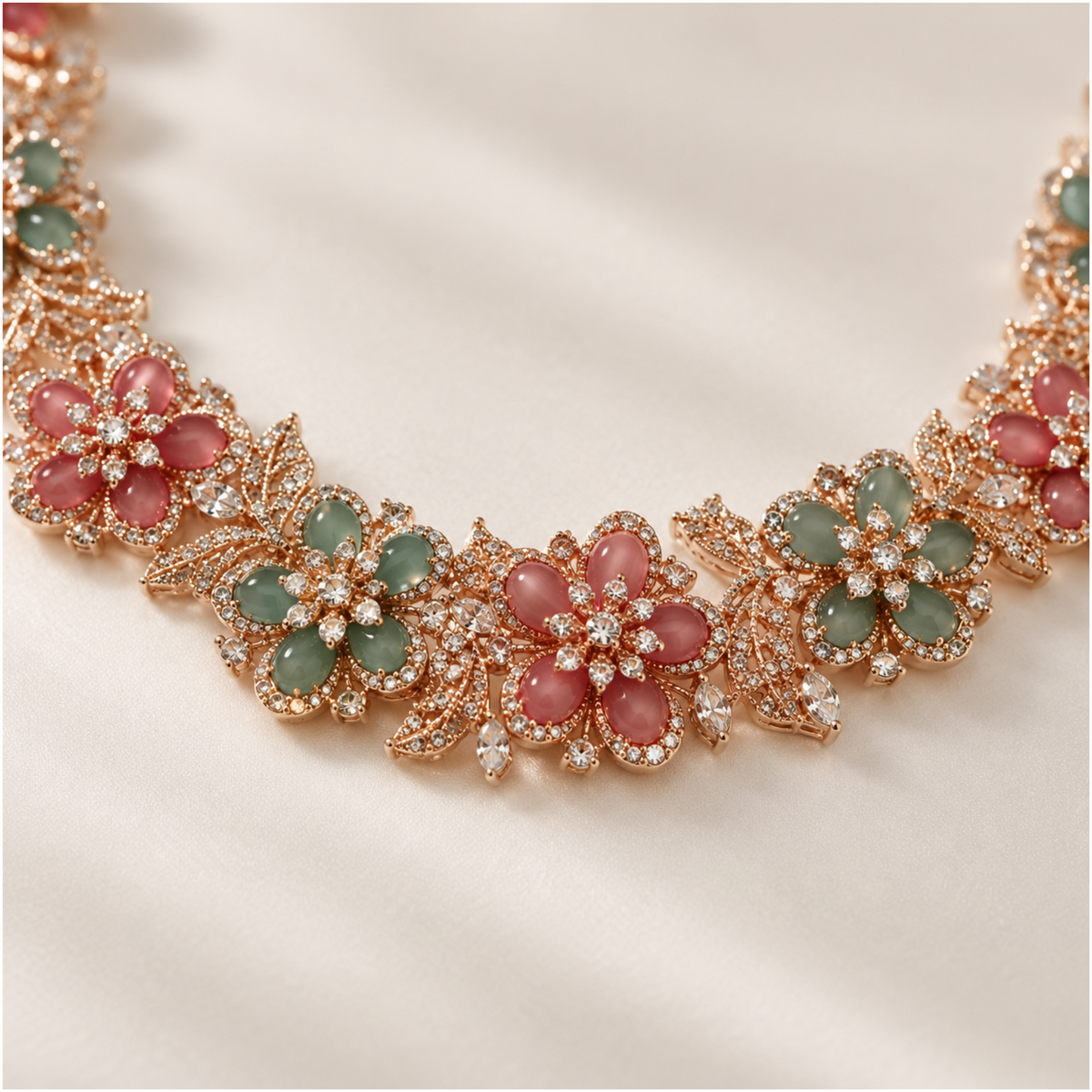 NL-39 floral pink and green Italian brass jewellery set macro