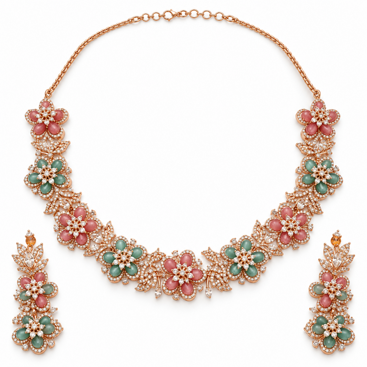 NL-39 floral pink and green Italian brass jewellery set white
