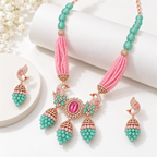 NL-42 peacock inspired pink and aqua green Italian brass necklace set detail