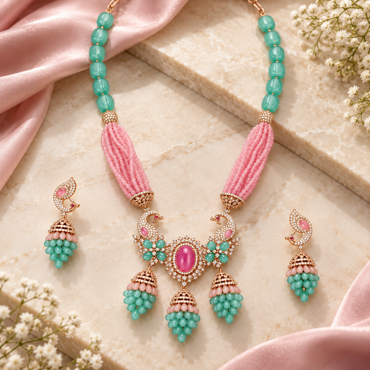 NL-42 peacock inspired pink and aqua green Italian brass necklace set editorial