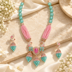 NL-42 peacock inspired pink and aqua green Italian brass necklace set lifestyle