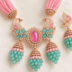 NL-42 peacock inspired pink and aqua green Italian brass necklace set macro