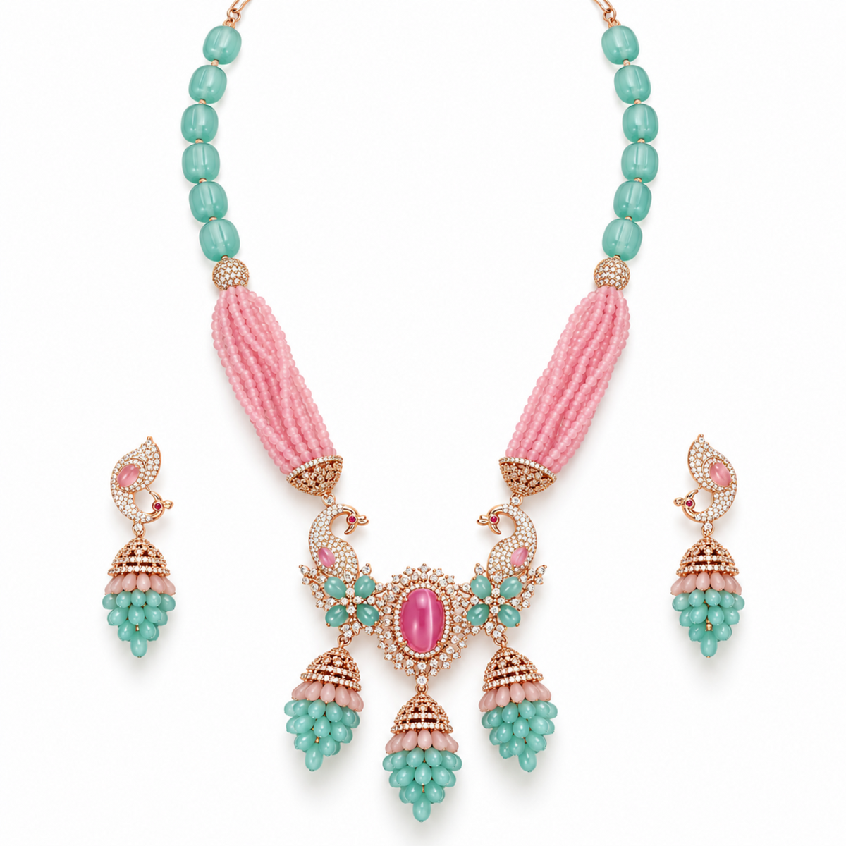 NL-42 peacock inspired pink and aqua green Italian brass necklace set main